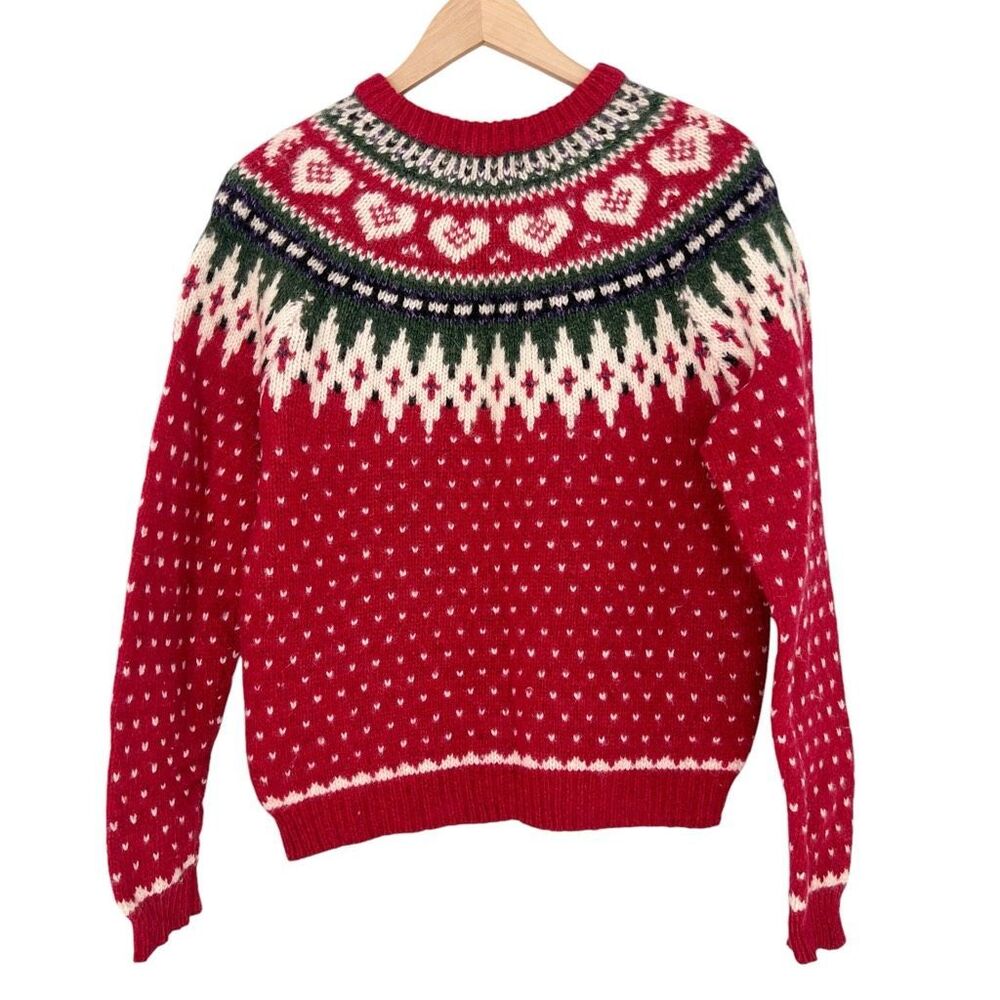 Woolrich Women’s Medium Vintage Red Fair Isle Heart Crewneck Sweater Wool Blend - Picture 3 of 10